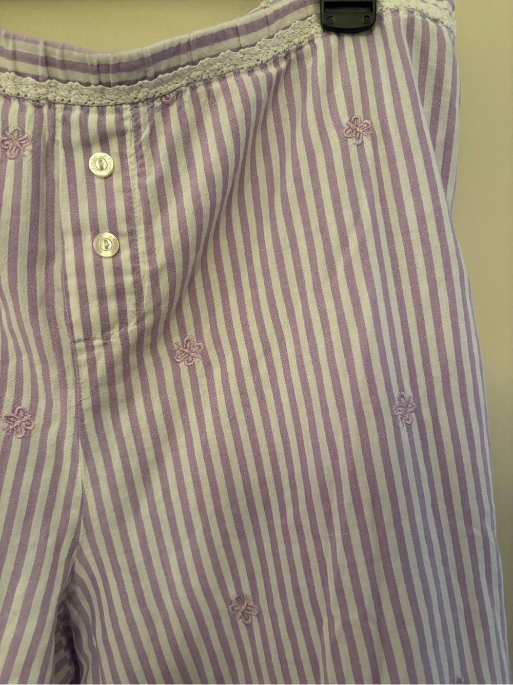 High-Waist Lavender Stripe Cotton PJ pants with Embroidered Detail